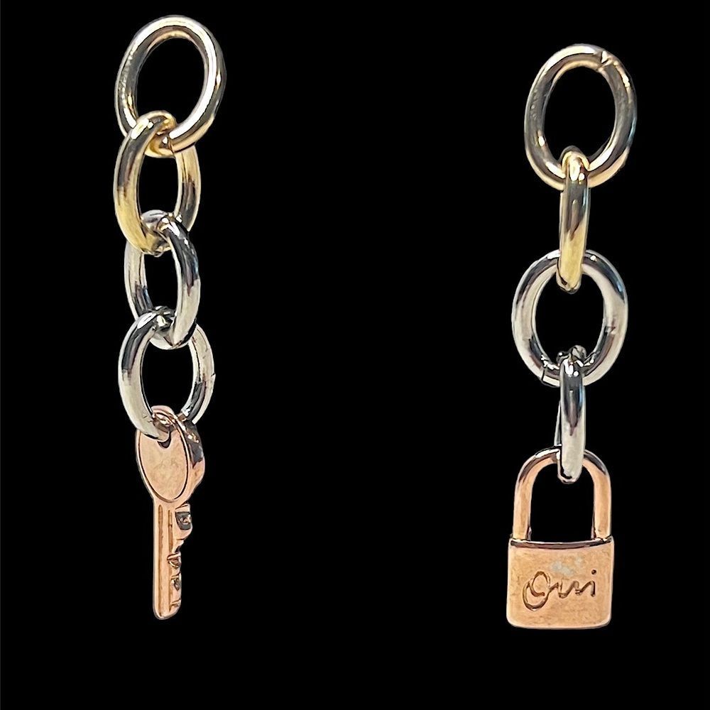 18K Gold-Filled Tricolor Chain Lock & Key Drop Earrings